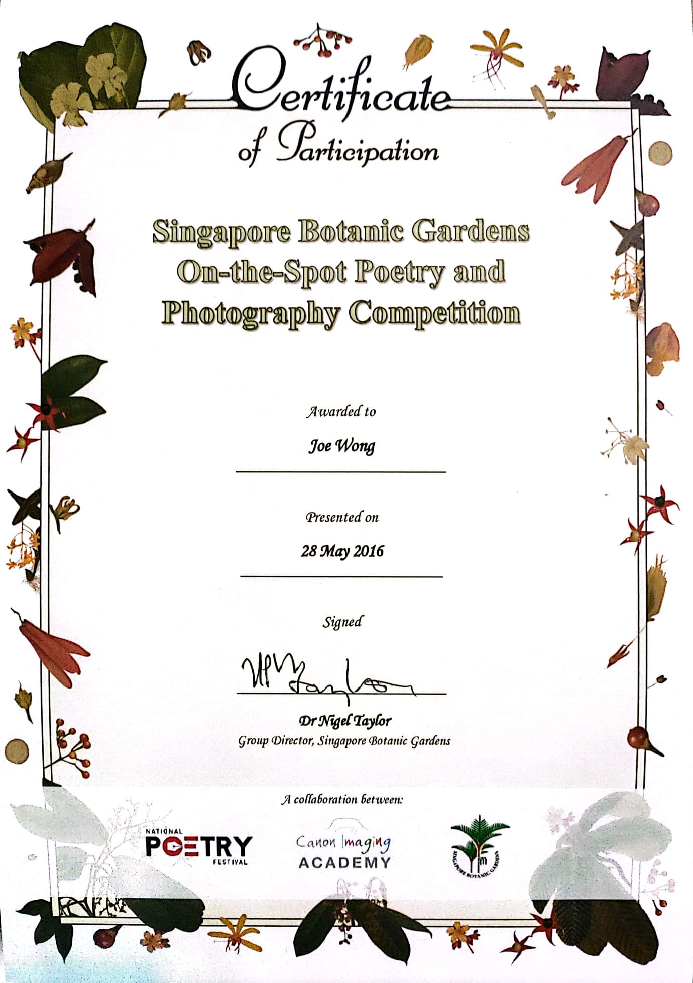 Certificate of National Mathematical Olympiad of Singapore